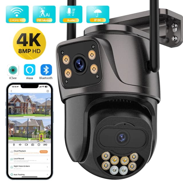 屋外ワイヤレスセキュリティ IP カメラ 4K 8MP HD デュアルレンズ外部 Wifi PTZ カメラ自動追跡ストリート監視カメラ iCsee