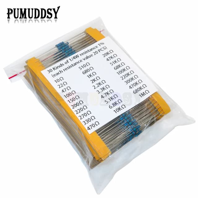 600 ピース/セット 30 種類 1/4 ワット抵抗 1% 金属皮膜抵抗器パック詰め合わせキット 1K 10K 100K 220ohm 1M 抵抗器 300 ピース/セット