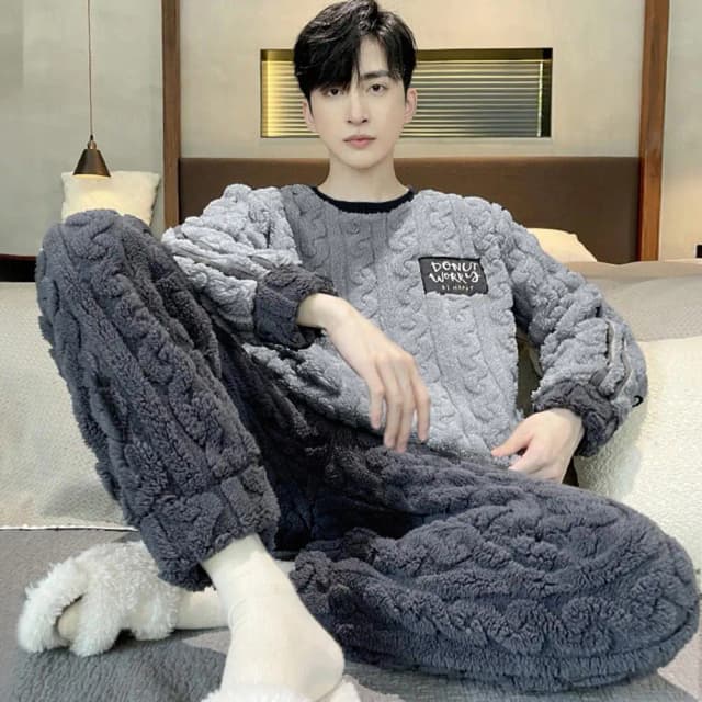 2024 男性サンゴフリースパジャマセット秋冬パジャマパンツ 2 点セット豪華なフリース肥厚フリース暖かいホームスーツセット