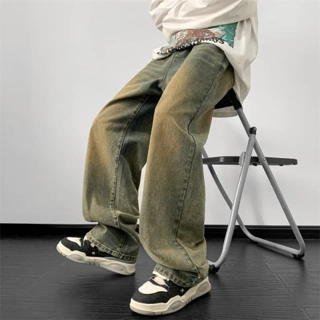 ジーンズ男性ワイドレッグジーンズ男性ルーズストレートデニムパンツ 2024 秋原宿ヴィンテージブルージーンズズボンストリート服