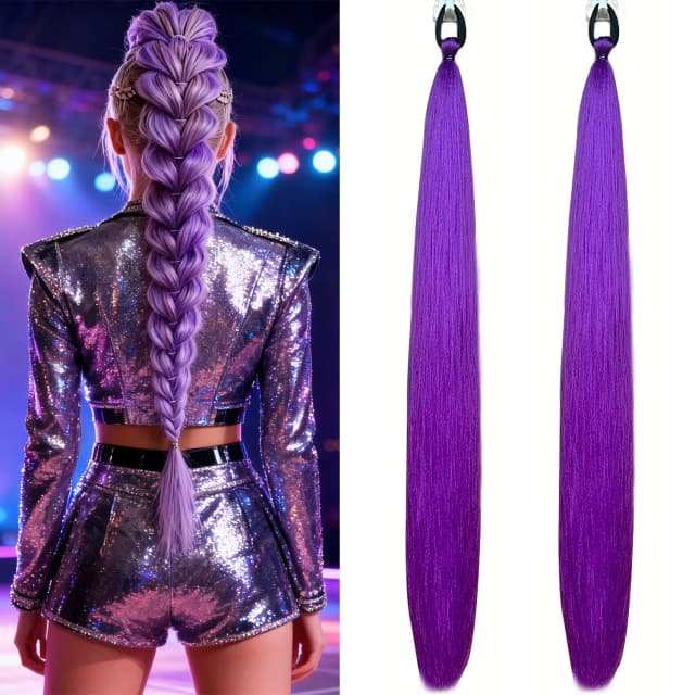 2 個合成パープルポニーテールエクステンションゴムバンドロングストレートポニーテール女性ヘアアクセサリーハロウィン用