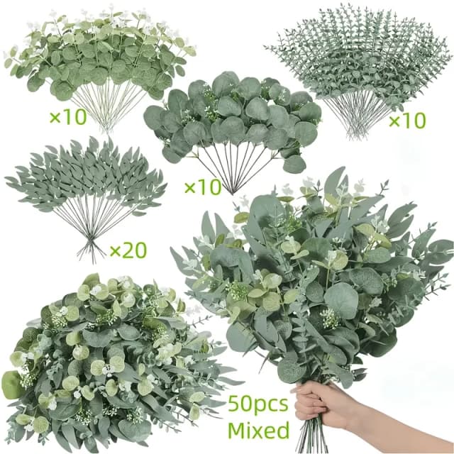 50 Stück künstliche Blumensträuße, gemischte Eukalyptusblätter, Weide, Silber, Eukalyptus-Stecklinge für Hochzeit, Blumenmuster, Heimdekoration