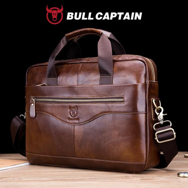 BULLCAPTAIN ブリーフケース ショルダー メッセンジャー バッグ メンズ 本革 14 インチ ラップトップ バッグ メンズ ブリーフケース オフィス ビジネス ハンドバッグ