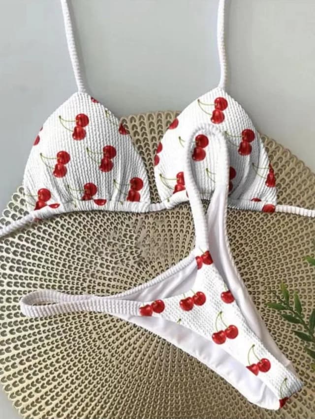 水着女性かわいいチェリープリントブラジル Tバックビキニセットセクシーな Tバック水着二枚水着女性 2023 ビーチウェア