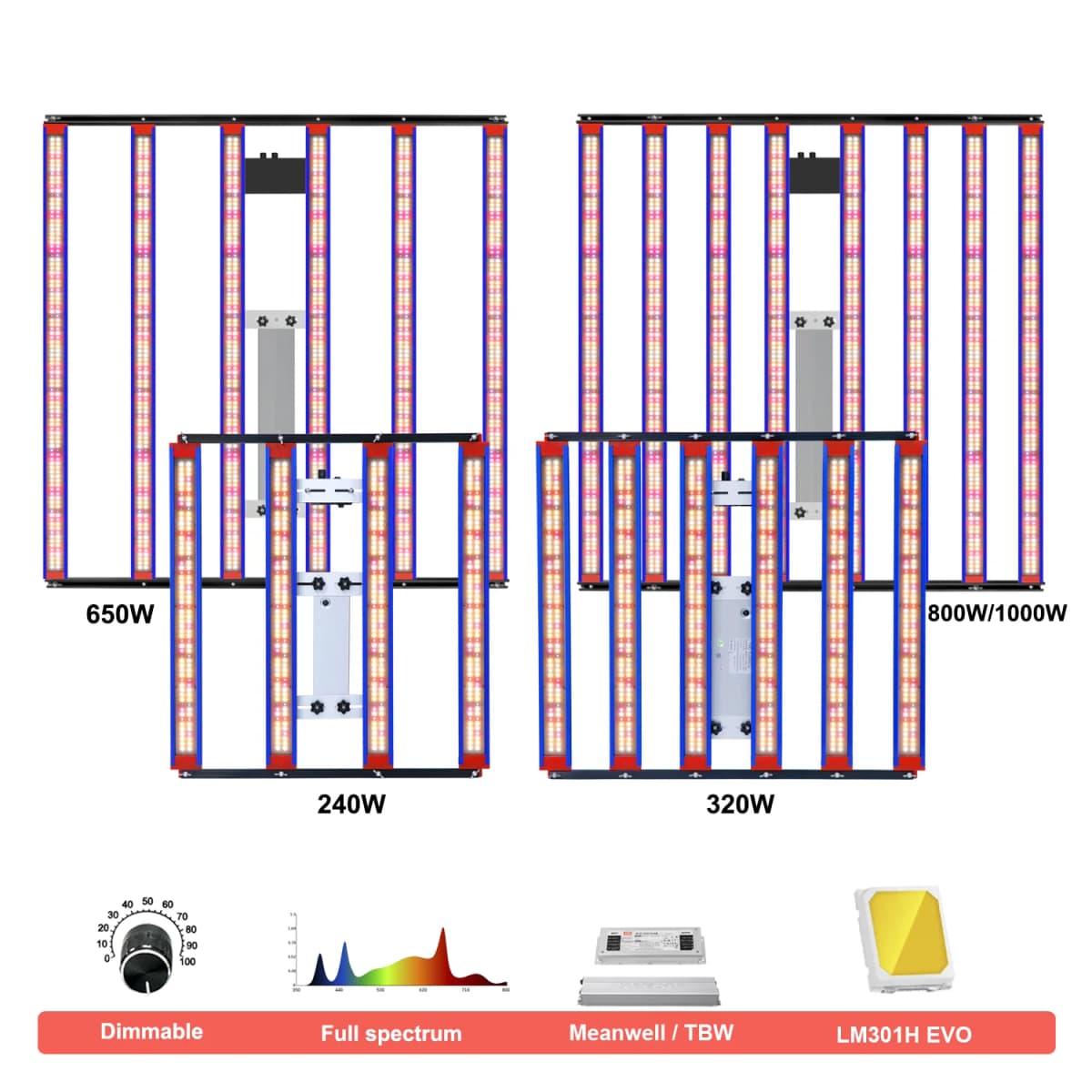 屋内植物成長用のフルスペクトルLEDライト,高ppfd,650w,1000w,lm301h,240w,320w,開花