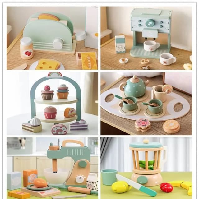 子供のための木製のシミュレーションおもちゃ,コーヒーマシン,ミキサー,アイスクリーム,ケーキ,食品,ティーポット,カップ,ティーセット,男の子と女の子のためのギフト
