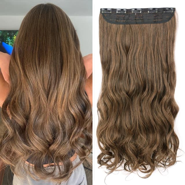 合成ロング波状ヘアスタイル 5 クリップヘアエクステンション耐熱かつらブラウンワンピース 5 クリップ偽の髪女性のための
