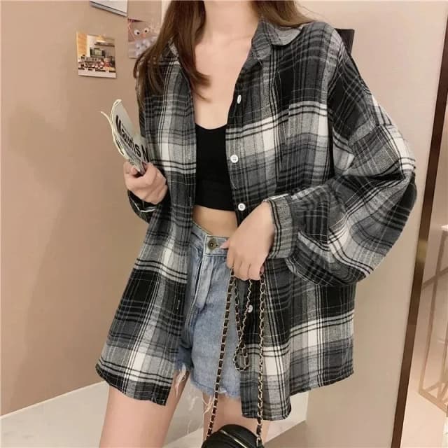 チェック柄シャツ女性ファッション秋長袖トップ女性ヴィンテージシングルブレストブラウスレディースプレッピースタイルルーズチェックシャツ