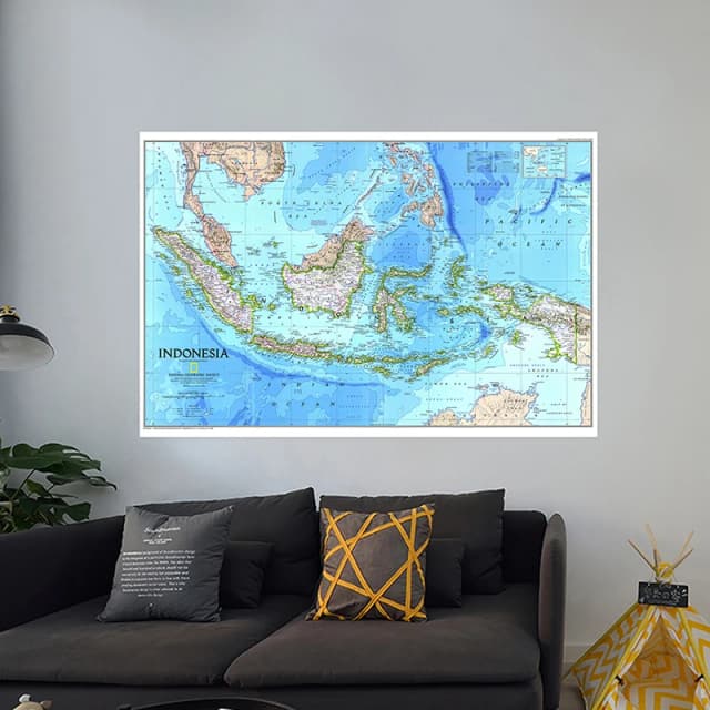 地理教育ツール 英語地図シリーズ 背景布-インドネシア地図-地形図 1996年 ウォールアートポスター フレームレス