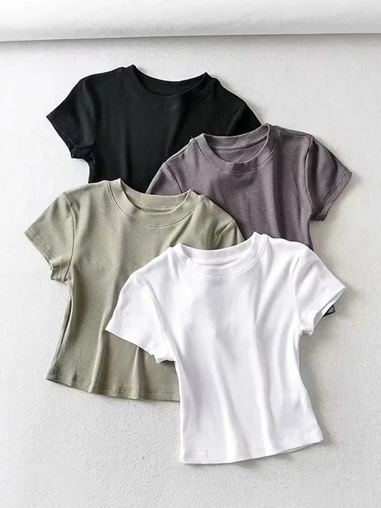 夏のセクシーな女性 O ネック半袖 Tシャツスリム弾性スキニークロップトップス