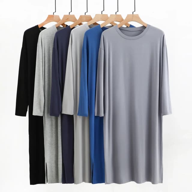 モーダルメンズラウンドネック長袖ナイトガウンパジャマ服ミッドロング膝丈ソフトで快適なナイトウェアドレス