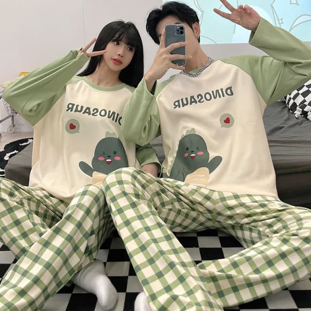 恐竜の漫画のパジャマ,男性と女性のための綿のパジャマ,長袖,大きなパンツの家の服