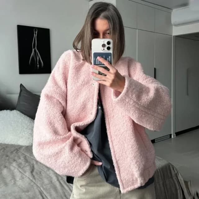 Talenza 女性のピンクショートファージャケット秋ルーズファッション長袖ジャケットトップカジュアルスタンドカラーポケットボタン暖かいジャケット