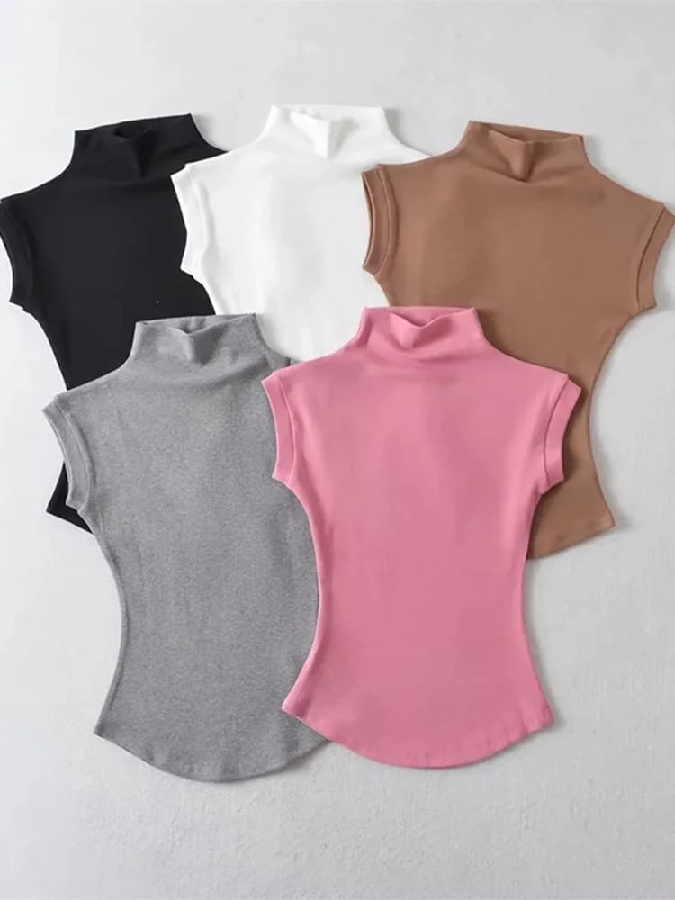 女性の夏のセクシーなタートルネックノースリーブ Tシャツトップス固体スリムフィットプルオーバー因果 Tシャツシャツ女性のストリートの基本 Tシャツ