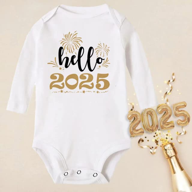 こんにちは 2025 ベビーロンパース新生児長袖幼児ジャンプスーツそれは私の最初の新年ベビーボディスーツ幼児新年 Ropa 服