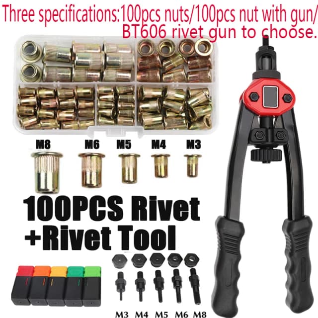 100個入りリベットナット+ハンドネジリベットナットガンBT606 M3 M4 M5 M6 M8 ダブルインサート手動リベッターガンリベット打ちリベットナットリベットツール