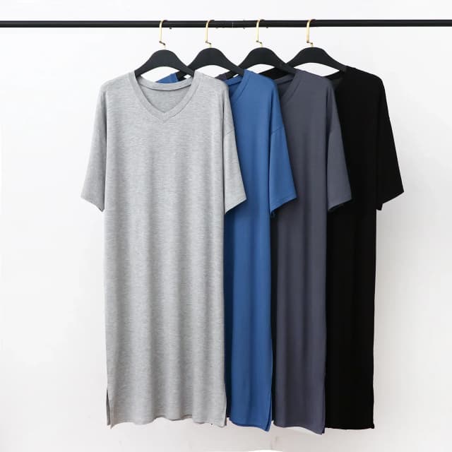 モーダルパジャマホーム服メンズ半袖 V ネックミッドレングスワンピースナイトガウンゆったり大きいサイズメンズ綿バスローブ