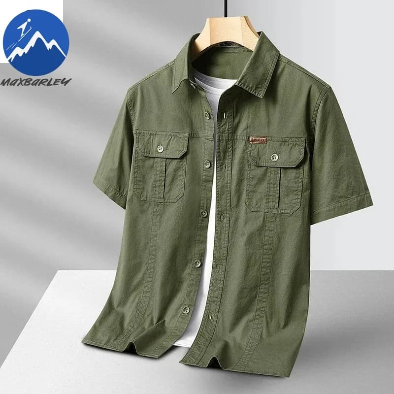 夏半袖シャツ男性綿 100 さわやか通気性吸汗シャツ登山作業服ポケット釣りシャツ