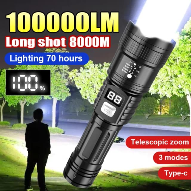 100000LM 超高輝度懐中電灯 Type-C 充電式 LED トーチ長距離戦術ランプ屋外防水キャンプランタン