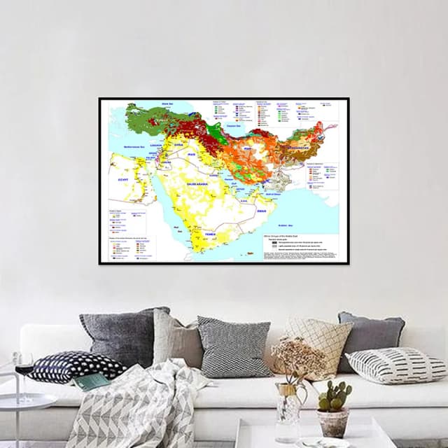 中東地図、英語版、言語の起源地図、教育用ポスター、リビングルーム装飾用の壁掛け絵画、フレームなし