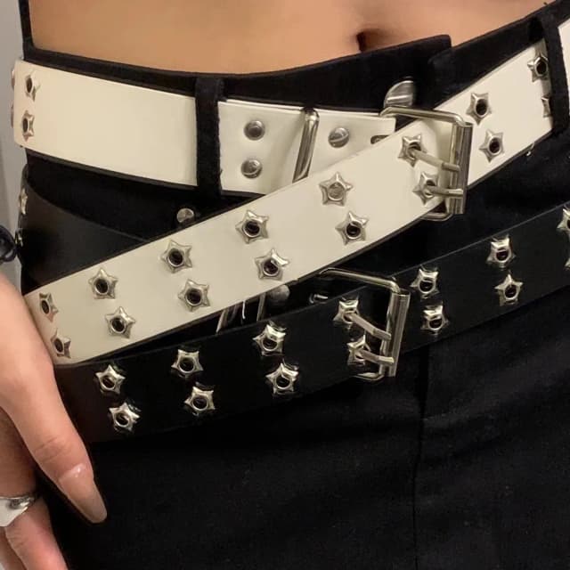 Y2K パンクリベットレザーベルト女性男性スター PU 黒、白のウエストストラップ複列中空トレンディなウエストバンドジーンズスカート装飾