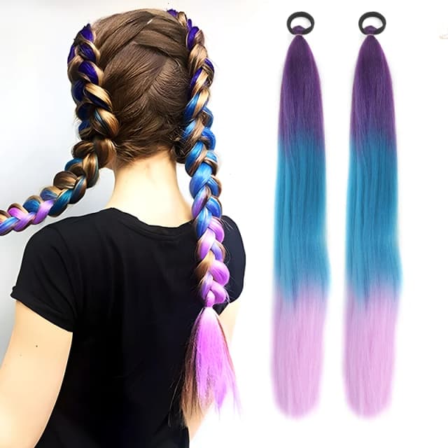 LUPU 合成ポニーテールエクステンション 弾性タイヘアバンド付き 長さ 26 インチ ストレート カラー編み込みポニーテール オンブル ピンク パープル ブルー