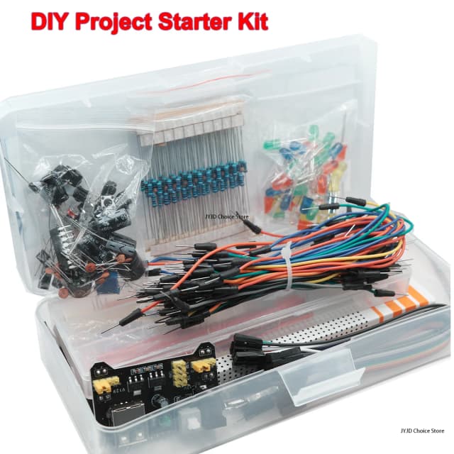 ボックス付きDIY電子プロジェクトスターターキット、arduino uno r3、電子部品セット、ブレッドボード、830タイポイント