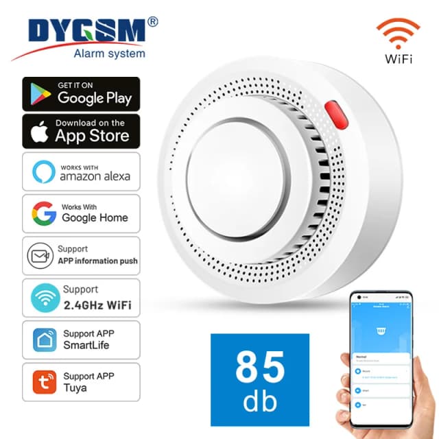 DYGSM Tuya スマート WiFi 煙探知機 ミニ火災警報器煙センサー リアルタイム APP アラート 85dB サウンド Alexa/Google アシスタント用