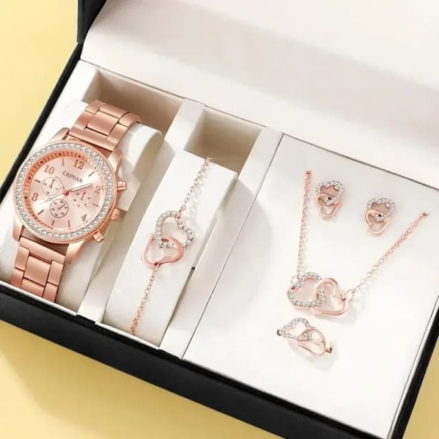 6 個セットローズゴールド高級腕時計女性リングネックレスイヤリングラインストーンファッション腕時計カジュアルレディースブレスレット腕時計