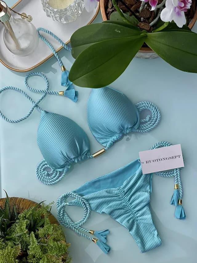 女性用の調節可能な包帯ビキニセット,三角形の水着,単色,セクシー,ビーチウェア,夏,2023