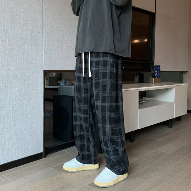 男性市松カジュアルパンツルーズストレートコーデュロイパンツスウェットパンツ男のファッションストリート 2023 春の新ヒップホップズボン