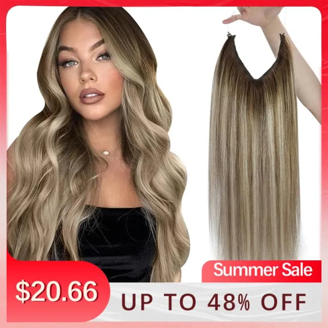 VeSunny フィッシュライン人毛エクステンションワイヤーナチュラルヘアワンピース目に見えないワイヤーヘア横糸 2 クリップ付き機械製ブロンドヘア