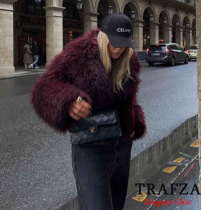 TRAFZA-女性ファッション冬固体ビッグラペルコートフェイクファーコートジャケット新 2025 秋冬だらしないバーガンディブラックグレーコート