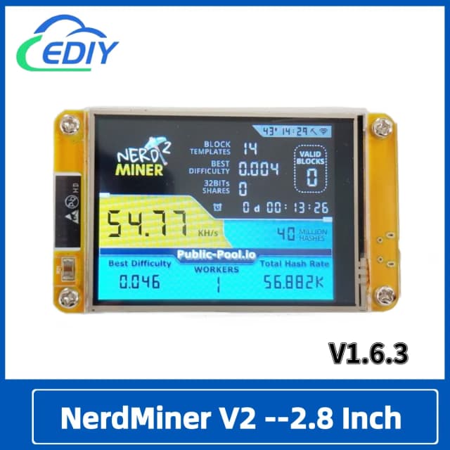 NerdMiner V2 ハッシュレート、スマート ディスプレイ、暗号ソロ、宝くじ、Nerd Miner、ビットコイン マイナー ESP32-2432S028R、49 k/S、2.8 インチ
