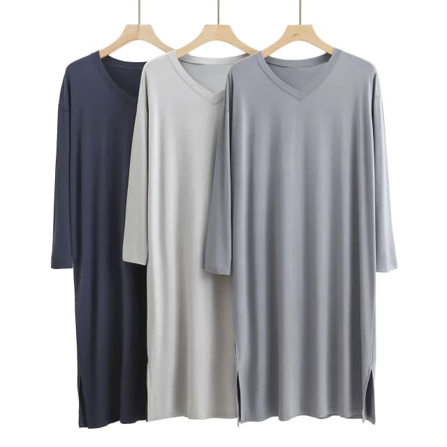 Vネック,ロング,膝丈,長袖,ラージサイズのパジャマドレス