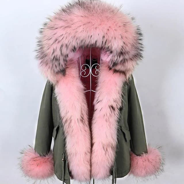 Maomaokong-女性用の天然アライグマの毛皮のフード付きパーカー、キツネの毛皮の襟が付いた暖かいジャケット、本物の毛皮のコート、冬、2022, 2024