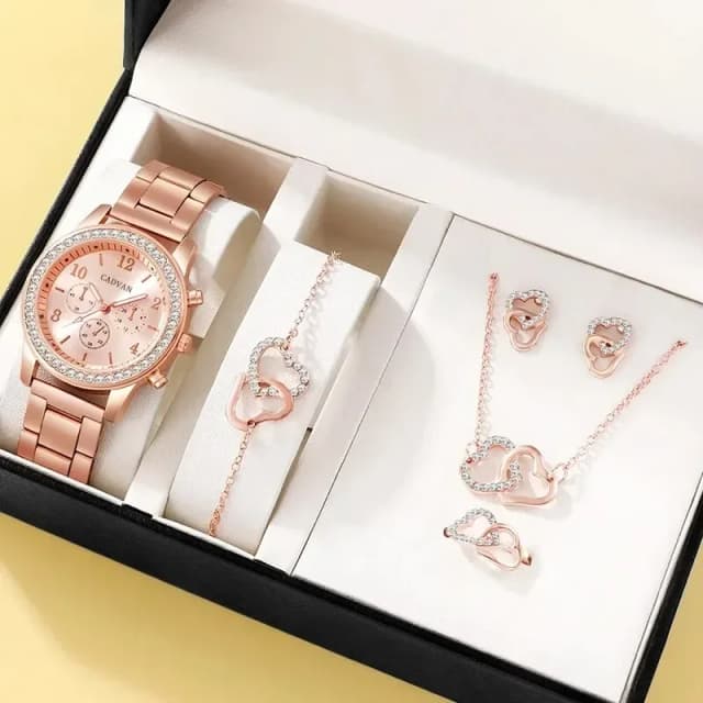 女性のための高級ピンクゴールド時計,リング,ネックレス,イヤリング,ラインストーン腕時計,カジュアルな女性のブレスレット,ファッションセット,6個