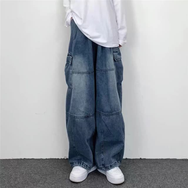 男性と女性のための大きなポケット付きワイドレッグジーンズ、ルーズデニムパンツ、ストレートレッグ、カジュアルでトレンディ、用途、4シーズン、新