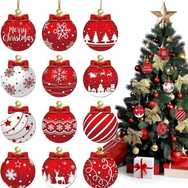12 ピース/セット赤と白の木製クリスマスボールオーナメント、ヘラジカスノーフレークパターンクリスマスパーティー吊り下げ装飾用品冬 F