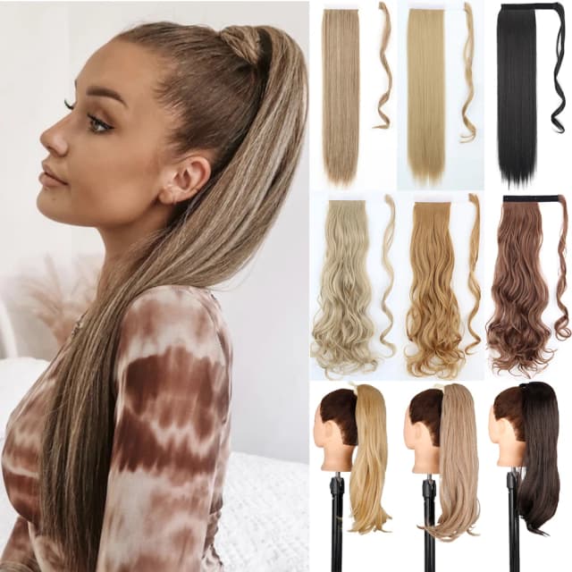 22 34 インチロングストレートポニーテール合成エクステンション耐熱ヘアラップアラウンドポニーかつら女性のための