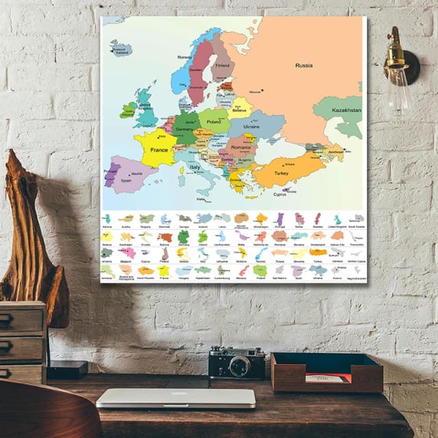 英語地図-ヨーロッパ地図-政治分布地図、家の装飾、学習用、地理ツール、観光/教育ツール