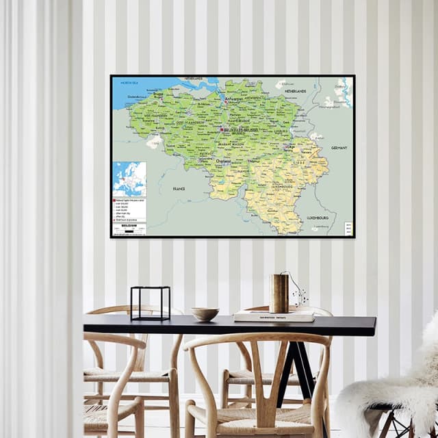 英語-ベルギー地図-地理地図ウォールアートポスター絵画非フレームプリントと写真家の装飾壁タペストリー